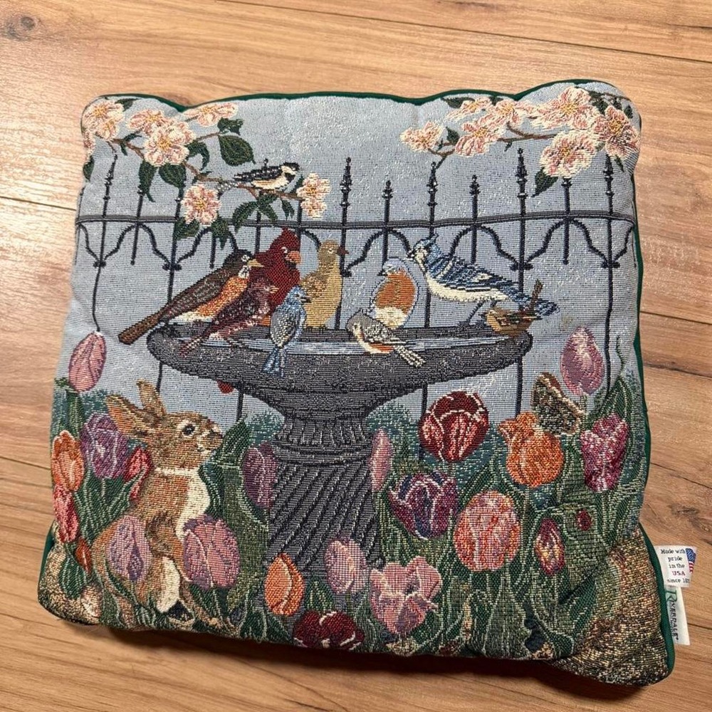 Vintage Riverdale Tapestry Pillow With Birds & Flowers 16x16